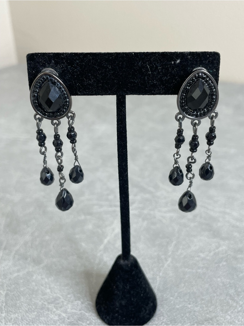 Black Gunmetal Teardrop Chandelier Dangle Earrings with Faceted Glass Beads